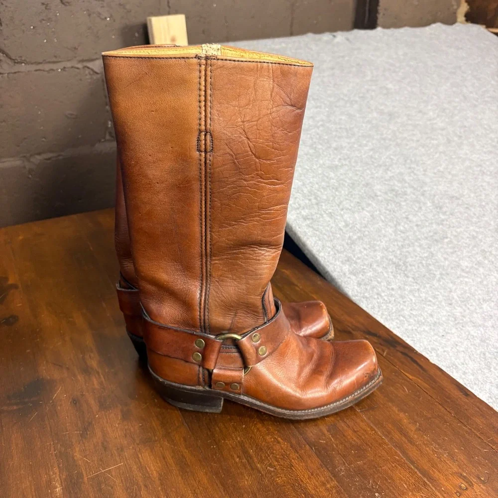 Vintage Frye 12R Harness Boots Brown Leather Square Toe Made in USA Mens 6 D